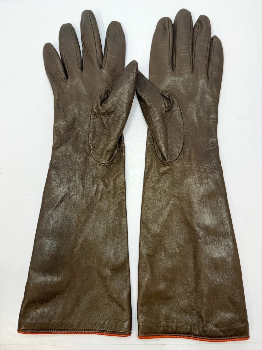 COACH Made in Italy Brown Leather Opera Long Gloves Brass Turnlock Size 7  14”